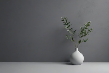灰色背景白色花瓶绿植装饰