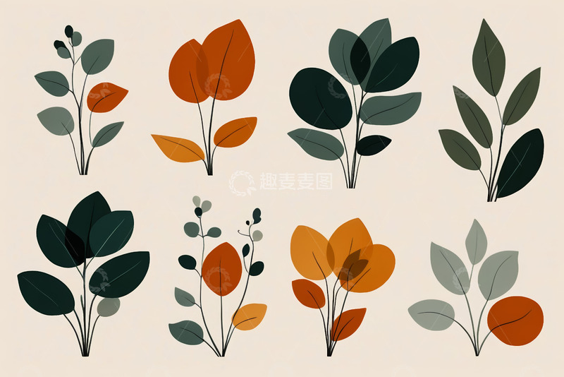 高清大图下载【趣麦麦图】简约风格植物叶片插画素材