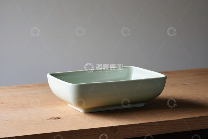 高清大图下载【趣麦麦图】浅色方形碗置于木质台面上