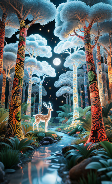 梦幻森林小鹿夜景插画