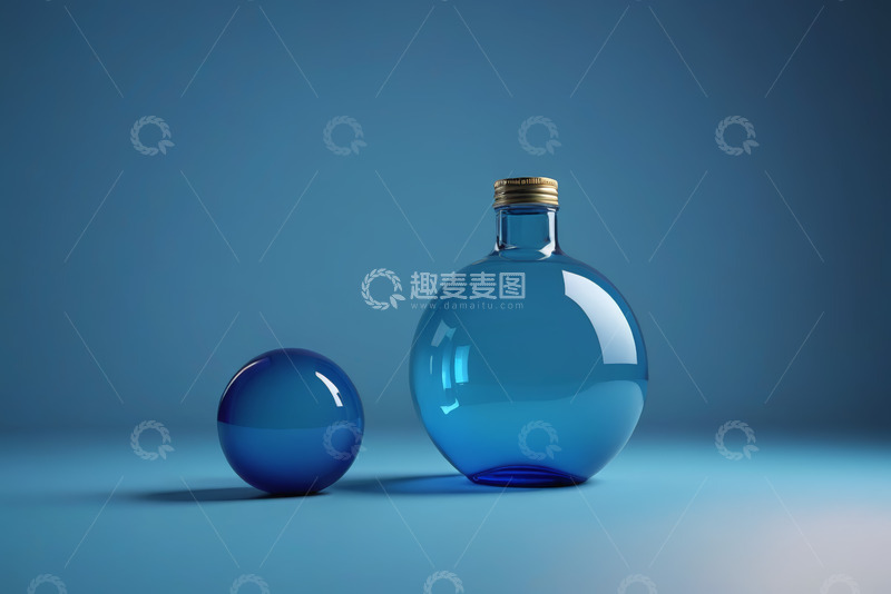 高清大图下载【趣麦麦图】蓝色背景下的瓶子与球体