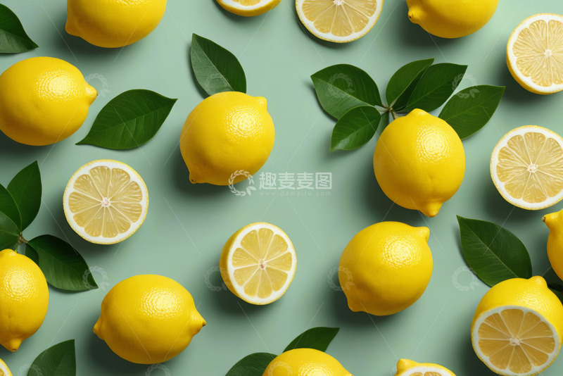 高清大图下载【趣麦麦图】浅绿色背景上的柠檬及柠檬切片