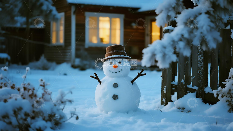 高清大图下载【趣麦麦图】节日的小院雪人