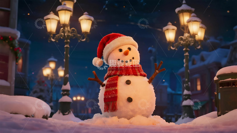 高清大图下载【趣麦麦图】傍晚城镇的圣诞雪人