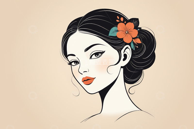 高清大图下载【趣麦麦图】插画风年轻女子肖像特写
