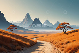 旷野中蜿蜒小路与远山风景
