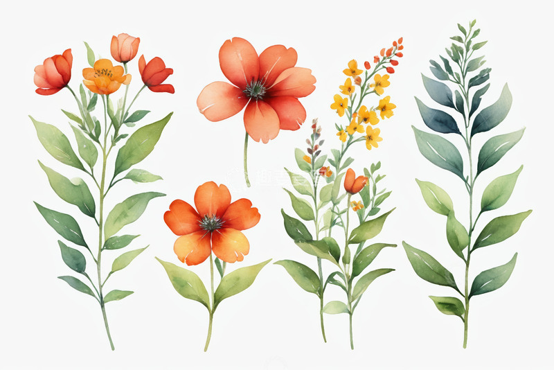 高清大图下载【趣麦麦图】水彩风格花卉植物插画