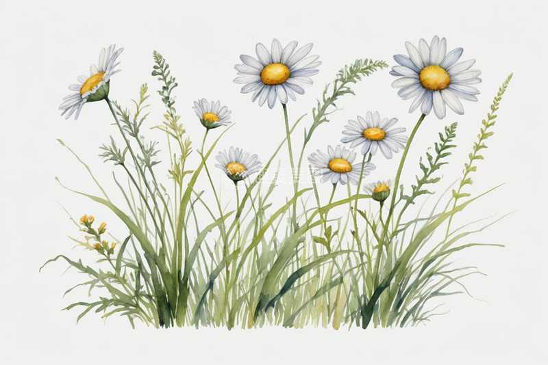 高清大图下载【趣麦麦图】水彩风格雏菊与野草插画