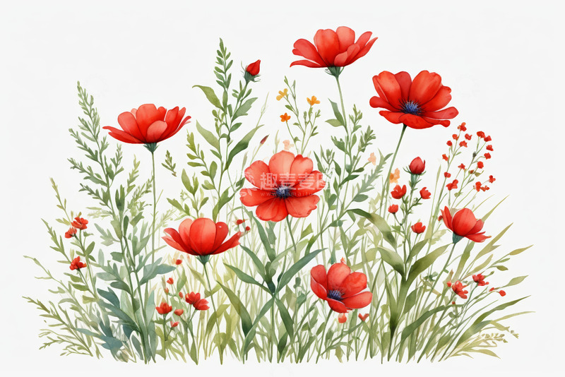高清大图下载【趣麦麦图】红色花卉植物插画