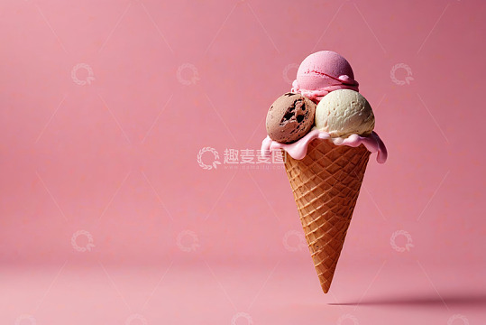 粉色背景下的多口味冰淇淋甜筒