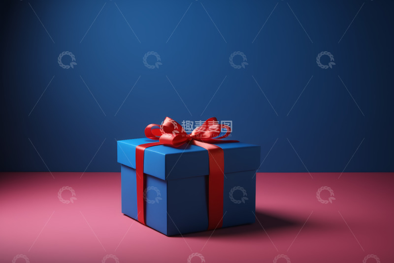 高清大图下载【趣麦麦图】蓝色礼盒配红色丝带特写