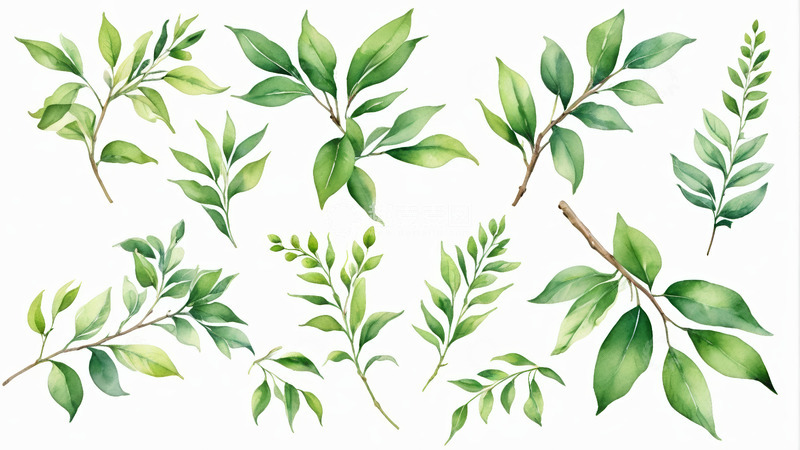 高清大图下载【趣麦麦图】水彩风格绿色枝叶素材