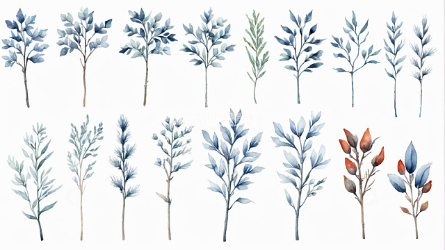 水彩风格植物枝叶插画素材