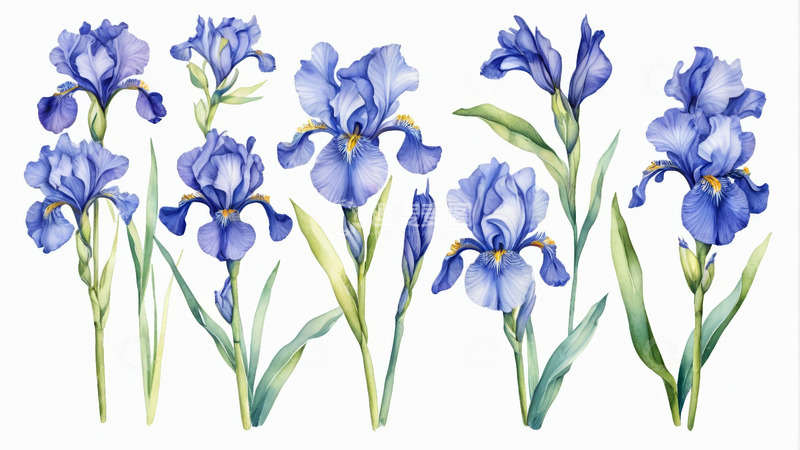 高清大图下载【趣麦麦图】蓝色鸢尾花水彩插画