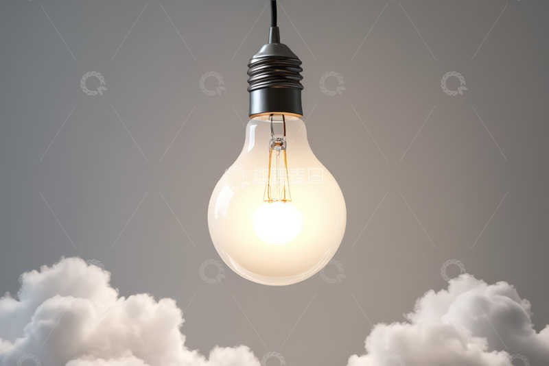 高清大图下载【趣麦麦图】发光灯泡悬于白云之上