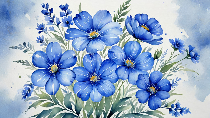 高清大图下载【趣麦麦图】蓝色花卉水彩插画