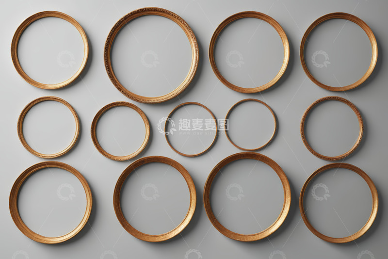 高清大图下载【趣麦麦图】灰色背景上排列的金色圆形画框