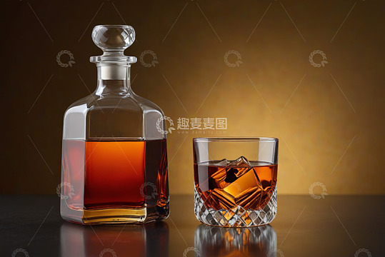 玻璃酒瓶与带冰块的酒杯