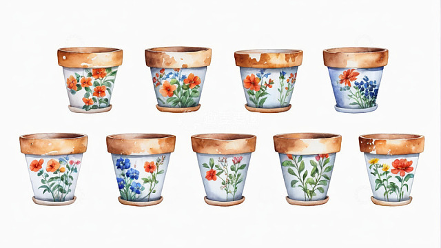 手绘花卉图案陶制花盆