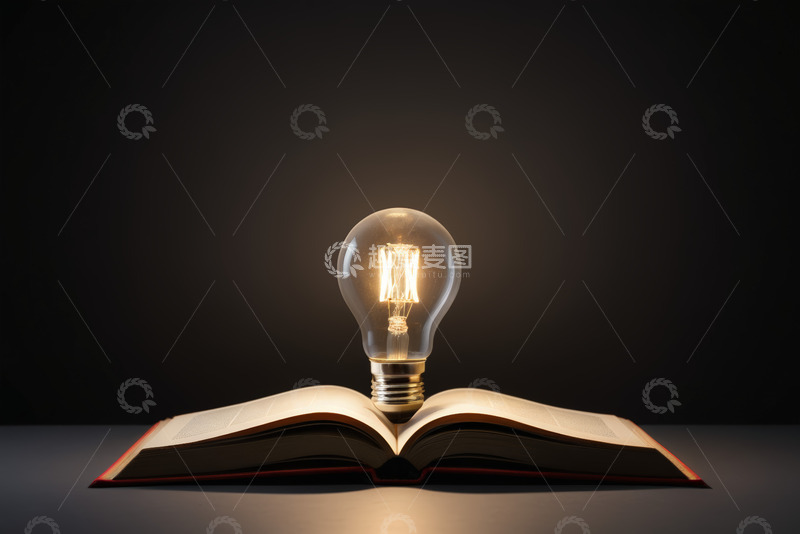 高清大图下载【趣麦麦图】发光灯泡置于翻开的书本上
