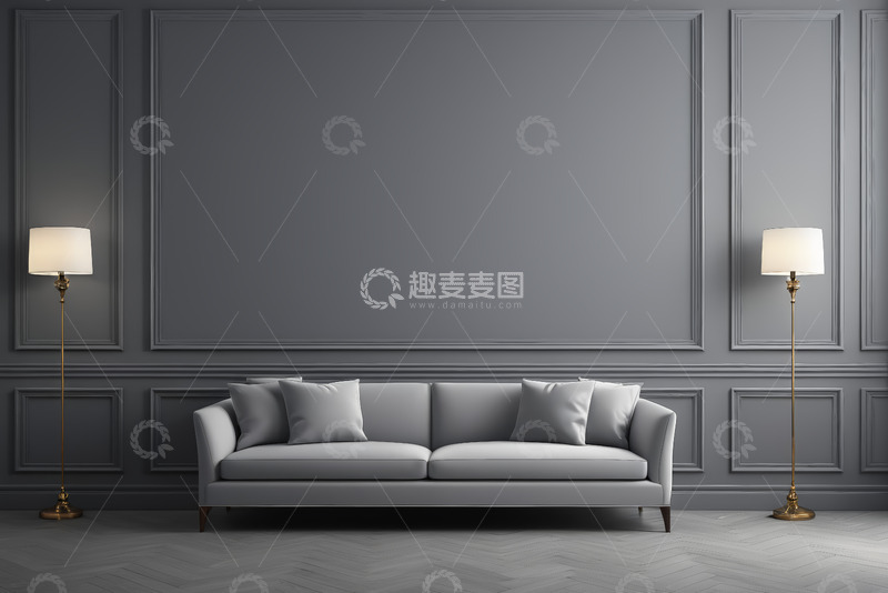 高清大图下载【趣麦麦图】灰色墙面搭配沙发与落地灯室内场景