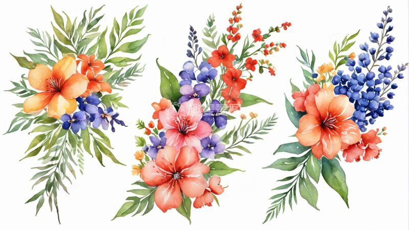 高清大图下载【趣麦麦图】水彩风格花卉组合插画