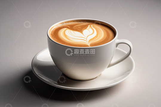白色杯碟装拉花咖啡特写