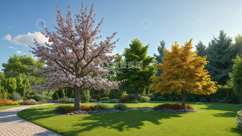 高清大图下载【趣麦麦图】公园内多彩树木与草坪景观