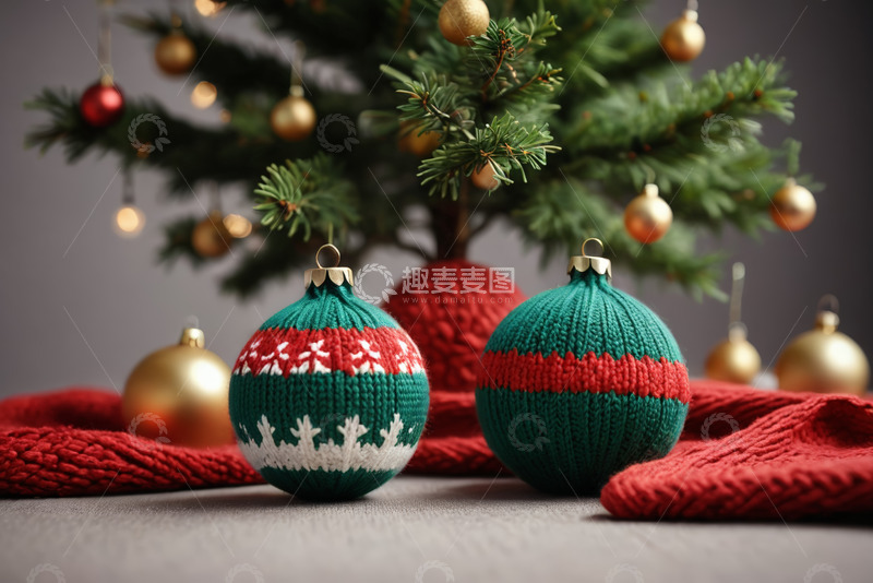 高清大图下载【趣麦麦图】圣诞装饰球与圣诞树近景