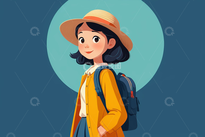 高清大图下载【趣麦麦图】背背包戴草帽的女孩插画