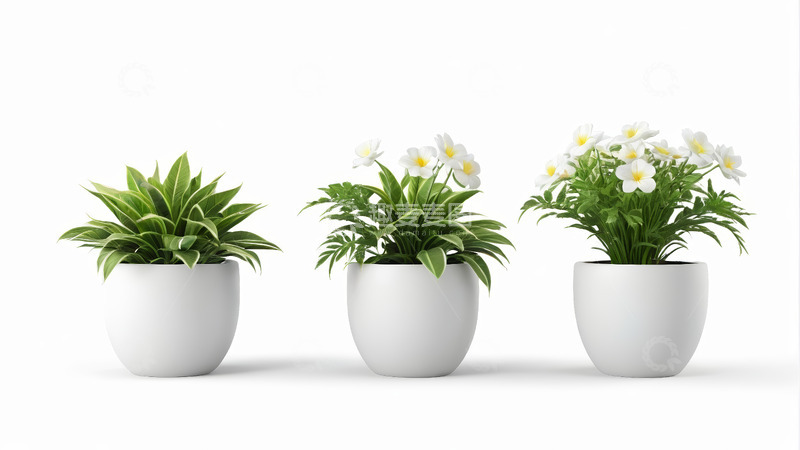 高清大图下载【趣麦麦图】三盆白色盆栽植物特写