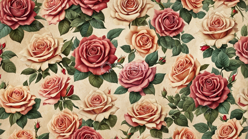 高清大图下载【趣麦麦图】复古风格玫瑰花图案背景
