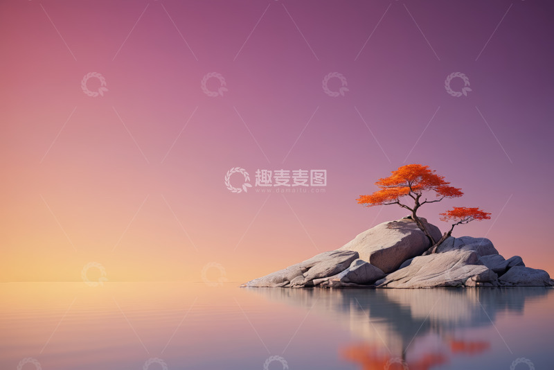 高清大图下载【趣麦麦图】孤岛上的红树与黄昏天空