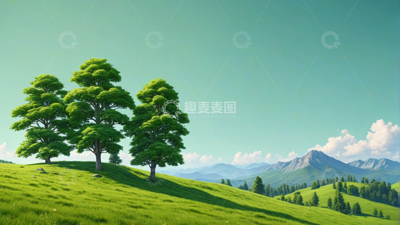 高清大图下载【趣麦麦图】绿色山坡与远处山峦风景