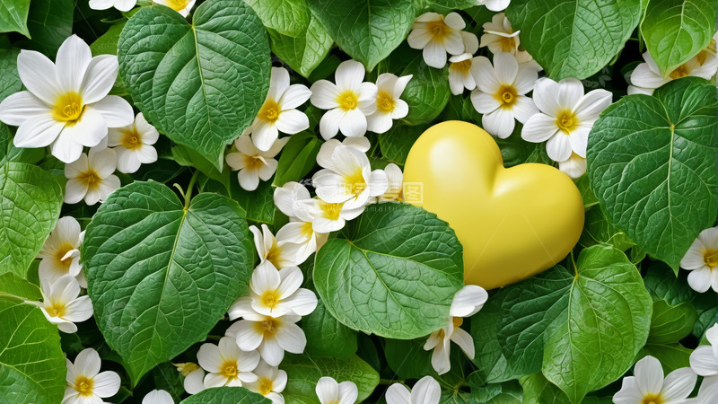 高清大图下载【趣麦麦图】绿叶白花中黄色爱心装饰