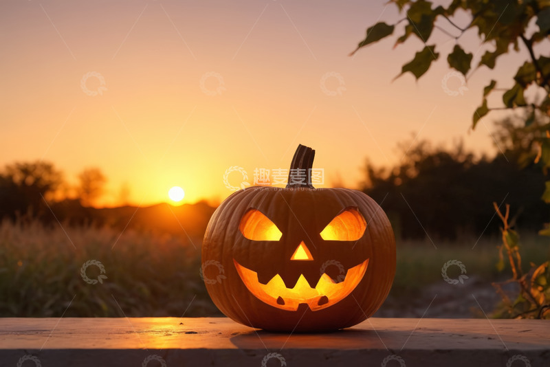 高清大图下载【趣麦麦图】夕阳下的万圣节南瓜装饰