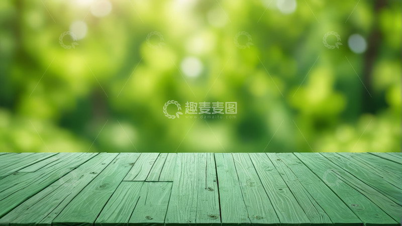 高清大图下载【趣麦麦图】绿色自然背景下的木质桌面