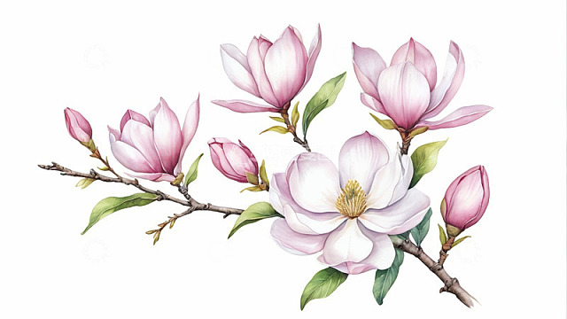 粉色玉兰花枝插画素材