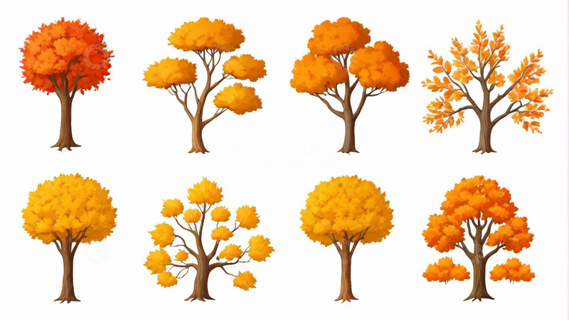 高清大图下载【趣麦麦图】多棵秋季风格树木插画素材