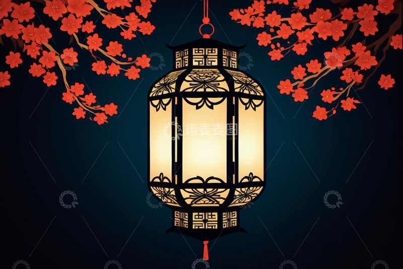 高清大图下载【趣麦麦图】中式灯笼与繁花装饰画面