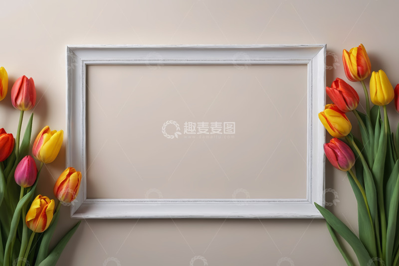 高清大图下载【趣麦麦图】白色相框旁多彩郁金香