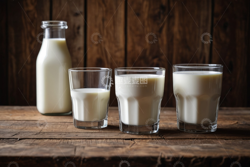 高清大图下载【趣麦麦图】木质桌面上的瓶装与杯装牛奶