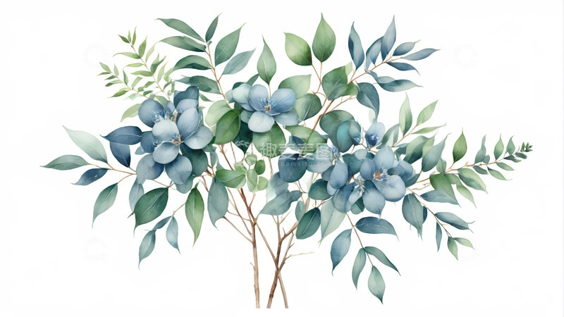 高清大图下载【趣麦麦图】蓝色花卉绿植插画