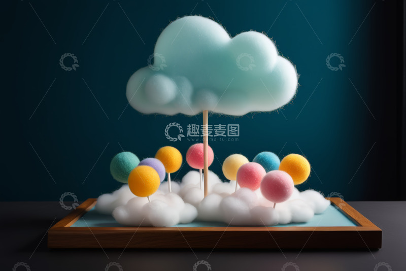 高清大图下载【趣麦麦图】彩色毛球与云朵创意摆件