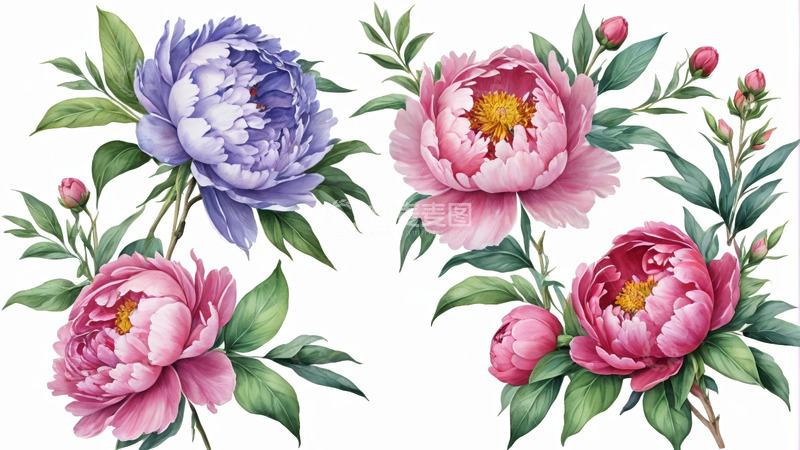 高清大图下载【趣麦麦图】多彩牡丹花插画