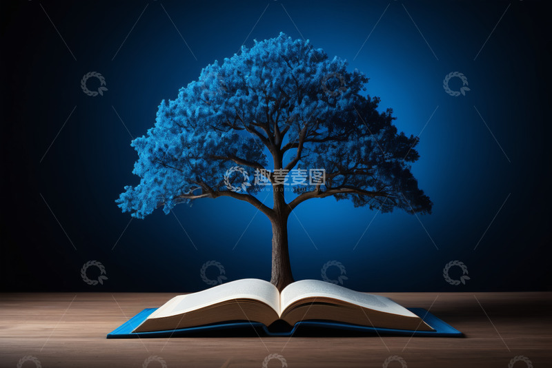 高清大图下载【趣麦麦图】打开书本中生长出蓝色树木画面