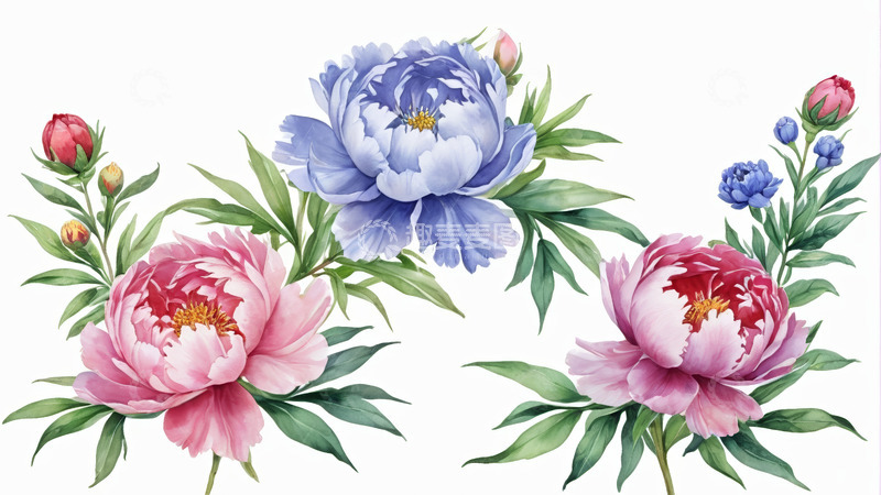 高清大图下载【趣麦麦图】水彩风格盛开的多彩牡丹花