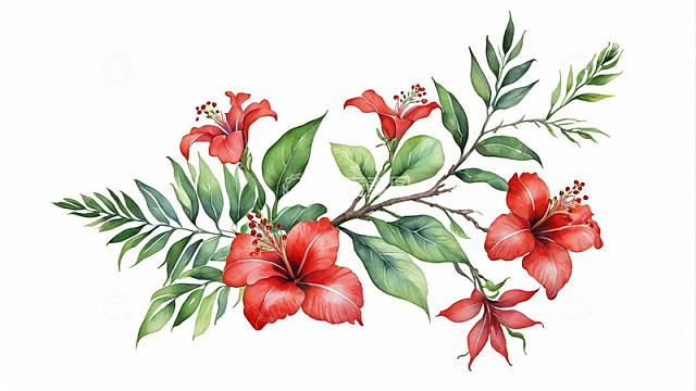 红色花卉水彩插画素材