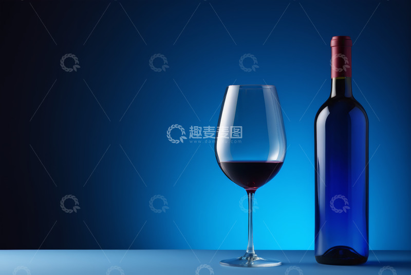 高清大图下载【趣麦麦图】蓝色背景下的红酒瓶与酒杯
