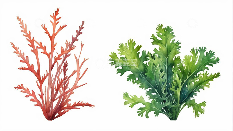 高清大图下载【趣麦麦图】水彩绘红色与绿色海洋植物